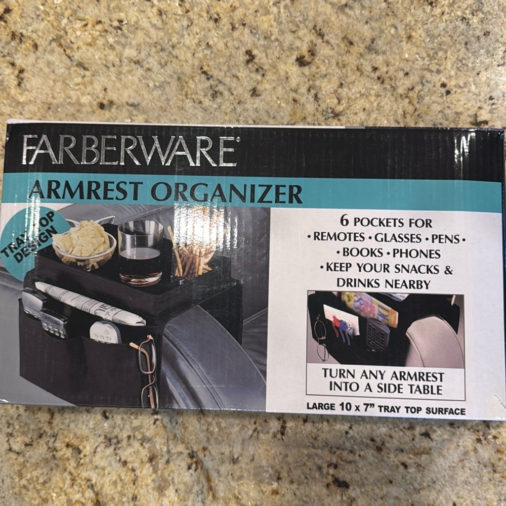 Farberware Black Armrest Organizer for Couch or Chair with 6 Pockets. New in Box
